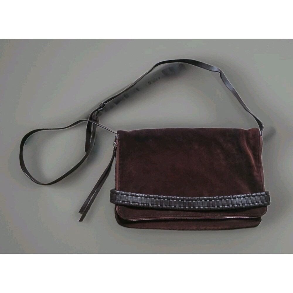 ALLSAINTS Suede Leather Crossbody Shoulder Bag Brown Zip Flap Braided Accent